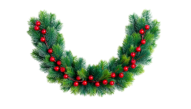 Festive green garland with red berries arranged in a curved shape for holiday decoration purposes product shot isolated