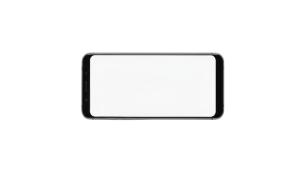Black smartphone with a blank screen displayed horizontally at the center of the image, isolated on a neutral background