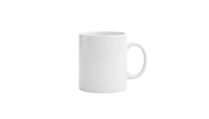 A plain white coffee mug standing upright on a transparent background ready for customization or branding purposes png with transparency
