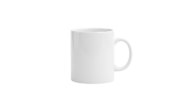 A plain white coffee mug standing upright on a transparent background ready for customization or branding purposes png with transparency