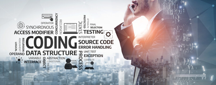 A professional software developer is depicted in a modern urban setting, engaged in coding and communication. Overlaid graphics highlight key programming concepts and tools. Tessel