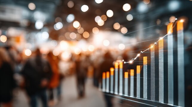 The upward trending bar graph with data visualization, signifies growth and business success, set against a blurred background of people. ..Created with Generative AI, not depicting real subjects.
