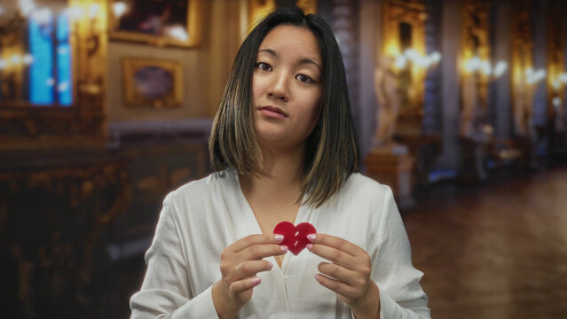 Young woman in a church holds a broken paper heart, expressing sadness and reflection in a dimly lit indoor setting with ornate decorations enhancing the somber mood.