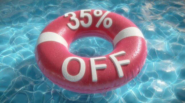 Bright pink lifebuoy with white stripes floats in clear blue water, displaying a bold discount message of 35 percent off, ideal for summer promotions and marketing campaigns