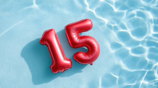 Red balloon numbers 15 floating in clear blue water, creating a vibrant and festive atmosphere for celebrations and special occasions - Powered by Adobe