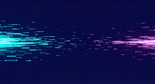 Dynamic digital data streams flow in vibrant neon blue and pink hues across a dark futuristic abstract background, representing speed and connectivity