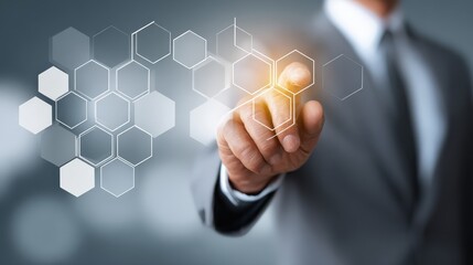 A professional hand elegantly interacts with a digital hexagonal interface, symbolizing innovation, technology, and cutting-edge solutions. ..Created with Generative AI, not depicting real subjects.