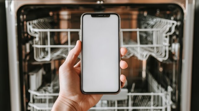 Hand holding smartphone mock up with blank screen in front of modern dishwasher interior showcasing organized racks and clean design for home appliance technology - Powered by Adobe