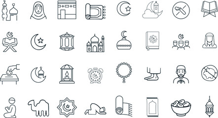 Muslim Culture and Religious Practice Vector Icons. Set of 32 line art symbols for Islam, Ramadan, and Eid. Includes mosque, Quran, prayer mat, crescent, and lantern