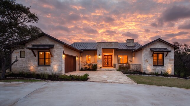 Luxury stone house with illuminated facade at sunset with dramatic sky.