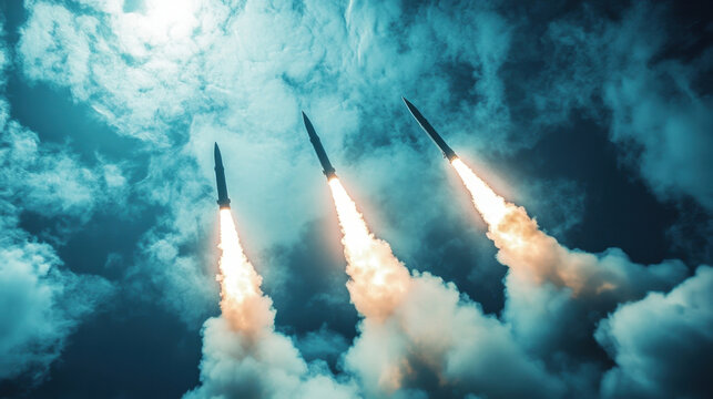 Three Powerful Rockets Launching Through the Clouds into the Sky