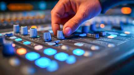 Hand adjusting audio mixer knobs in colorful studio lighting