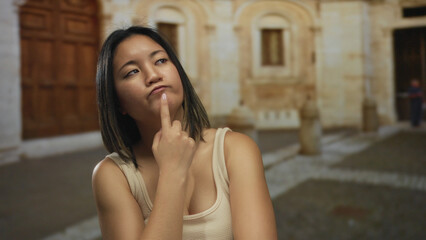 Woman thinking outdoors with thoughtful expression in city street wearing casual clothing on a...