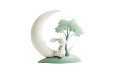 Rabbit sitting peacefully under a creative moon-shaped tree crafted from paper in a whimsical night scene