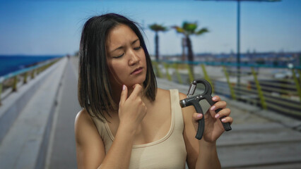 Woman smiling on seaside promenade holding hand grip exercising with the sea and blue sky in the background, embodying vitality and outdoor fitness in a serene setting.