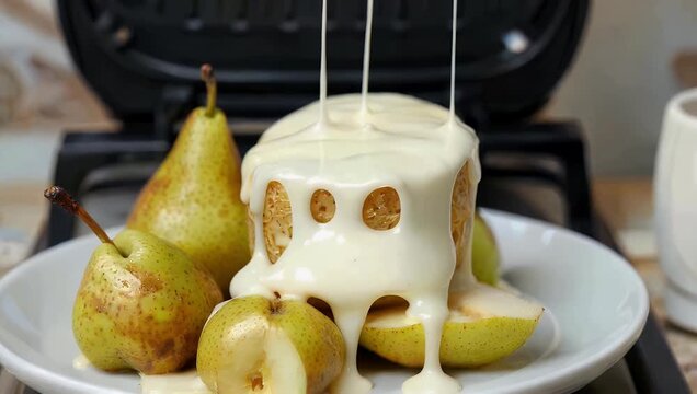 Unique 4K vertical footage showing a delicious baked pear dessert generously topped with creamy cheese with a slow motion continuous stream of golden honey pouring elegantly over the entire fruit and