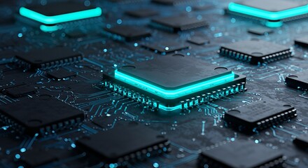 Vibrant glowing circuitry and complex microchip connections illuminate a futuristic digital landscape, showcasing innovation and advanced technology in dynamic detail.