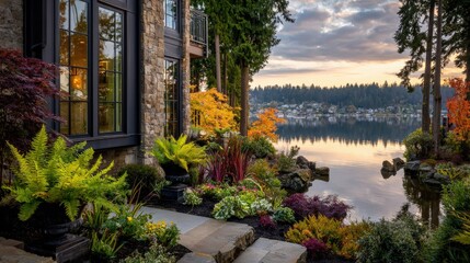 Stone house with vibrant garden beside a serene lake at sunset.