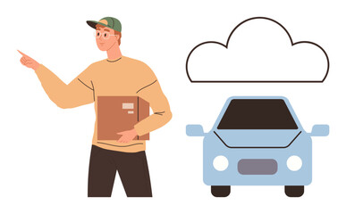 Delivery worker holding box while gesturing, car beneath cloud symbol. Ideal for delivery, logistics, e-commerce, cloud service, online shopping, transportation efficiency concept. Perfect