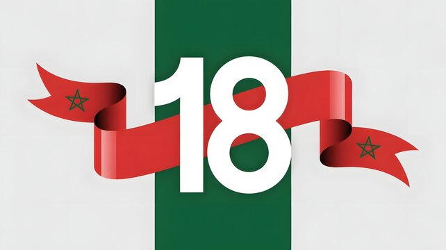 Celebrate morocco independence day august eighteenth with flag ribbon and number eighteen vector graphic