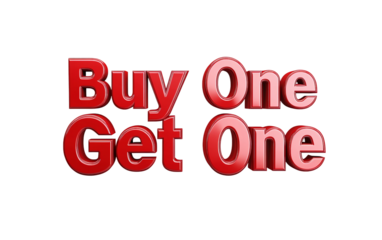 Large red buy one get one typography design featuring bold 3D letters and striking promotional style
