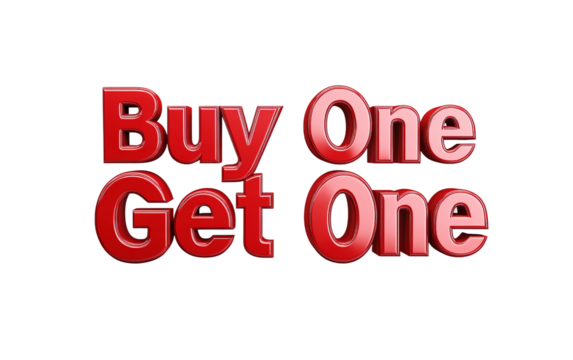 Large red buy one get one typography design featuring bold 3D letters and striking promotional style