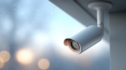Security camera mounted on a wall, capturing outdoor scene with blurred bokeh lights in the background, enhancing surveillance technology concept