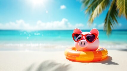 Close up of pink piggy bank with sunglasses and hat, sunny day sandy coast, summer vacation at sea beach or pool background. saving money concept