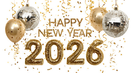 Festive New Year’s Eve party concept with disco ball, balloons, golden confetti swirl, and neon-style “Happy New Year 2026” lettering, isolated on white background
