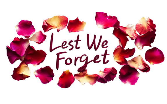 Lest we forget written with delicate flower petals in elegant script style symbolizing remembrance and honor - Powered by Adobe