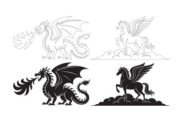 Mythical creatures dragon and pegasus silhouette with smoke clouds