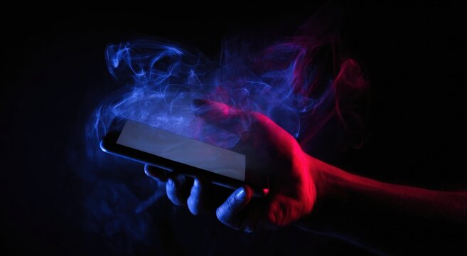 A modern smartphone held in a hand amidst vibrant blue and red smoke, symbolizing the digital world and its connections.  ..Created with Generative AI, not depicting real subjects.