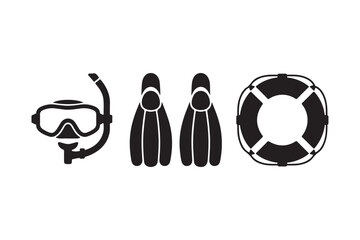 Black silhouette icons of snorkel gear fins and lifebuoy