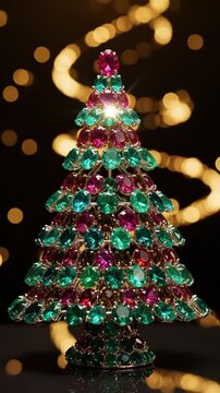 Jewel-encrusted Christmas tree ornament with red and green gemstones on reflective surface against bokeh lights