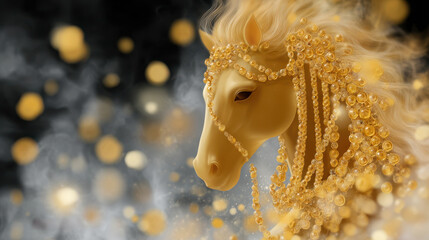 Golden horse adorned with shimmering beads and intricate details, symbolizing prosperity and celebration during the Chinese New Year festivities