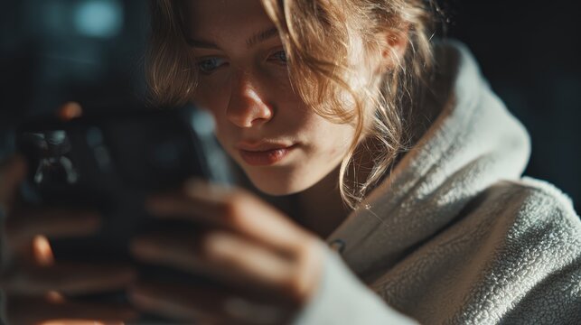 A young woman in a hoodie is engrossed with her phone in a softly lit, intimate setting, her gaze fixated on the screen. ..Created with Generative AI, not depicting real subjects. - Powered by Adobe