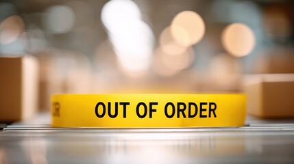 Yellow caution tape marked out of order placed on a conveyor belt in a warehouse, indicating a temporary halt in operations and alerting workers
