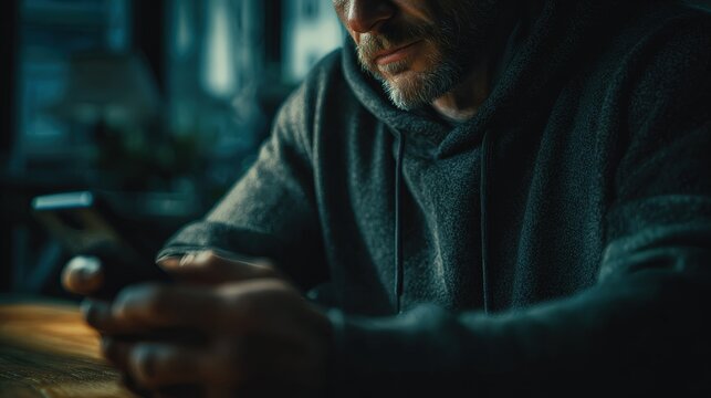 A man engrossed in his phone, illuminated by the screen's glow. ..Created with Generative AI, not depicting real subjects.