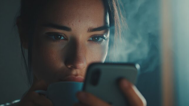 A woman is absorbed in her smartphone, taking a sip from a steaming mug. The scene, bathed in soft light. ..Created with Generative AI, not depicting real subjects.