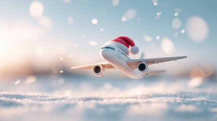 Airplane model wearing Santa hat flying over snowy landscape, capturing festive holiday spirit and winter wonderland atmosphere with copy space