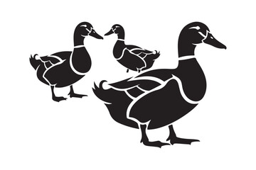 Three black ducks silhouetted against a white background