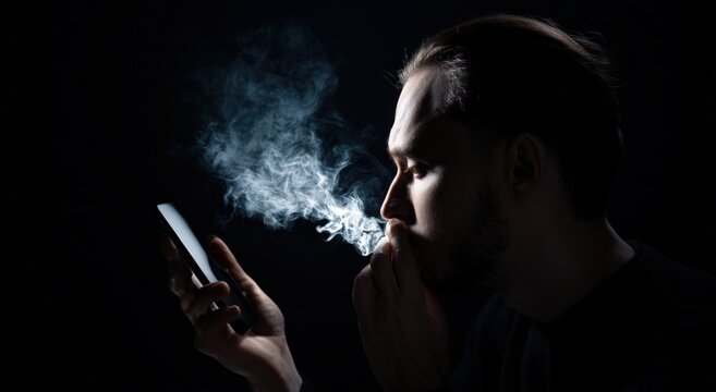 A man shrouded in the shadows, exhales a cloud of smoke towards his phone, the interplay of light and shadow amplifying the scene's tension. ..Created with Generative AI, not depicting real subjects.