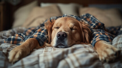 Golden retriever sleeping on bed covered with plaid blanket