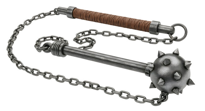 Flail weapon with a spiked metal ball attached to a chain and a wooden handle rests on a surface.