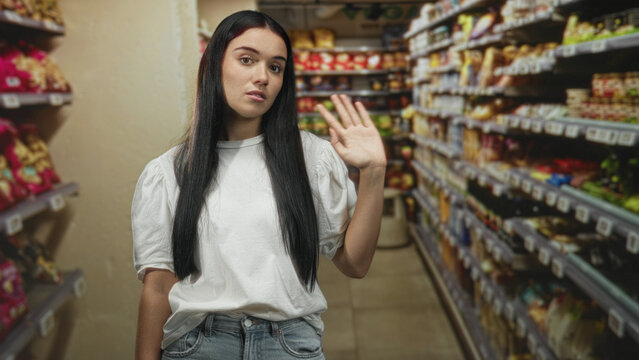 Young woman raises hand with palm visible in a supermarket aisle between stocked shelves; shopping pause indifference.