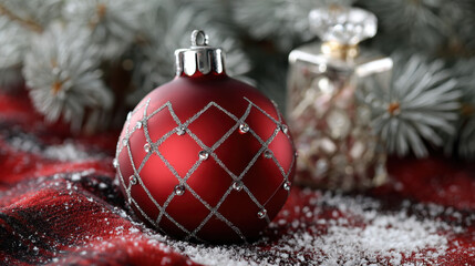 A red glass Christmas ornament with silver glitter lattice details resting on festive fabric with snowy accents