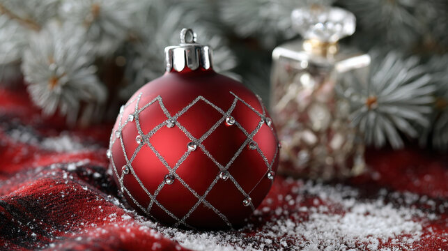 A red glass Christmas ornament with silver glitter lattice details resting on festive fabric with snowy accents