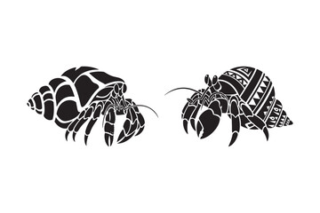 Two stylized hermit crabs in black and white silhouette
