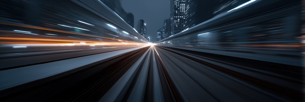 Futuristic high-speed urban transit in night cityscape