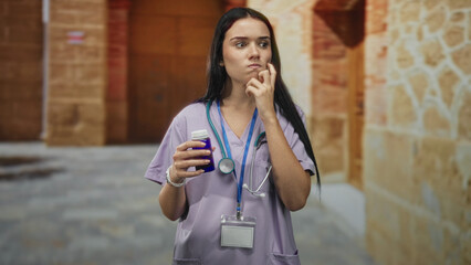Young woman nurse touches cheek with finger while holding a pill bottle outside stone building; concern uncertainty.
